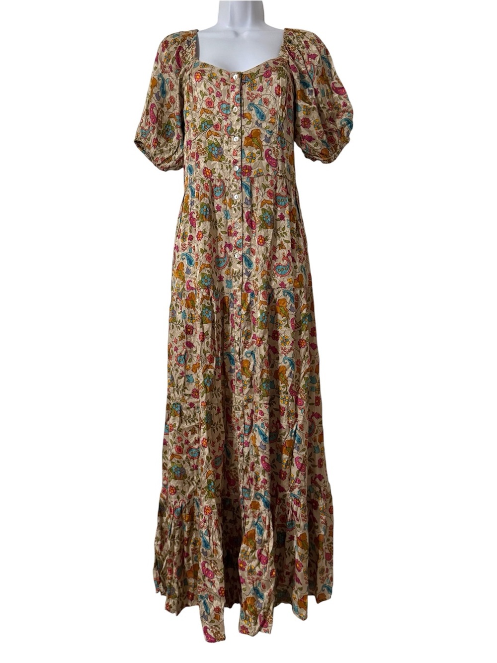 NATURAL LIFE Danielle Maxi Dress Paisley Petals Sz S Flowy Smocked Back